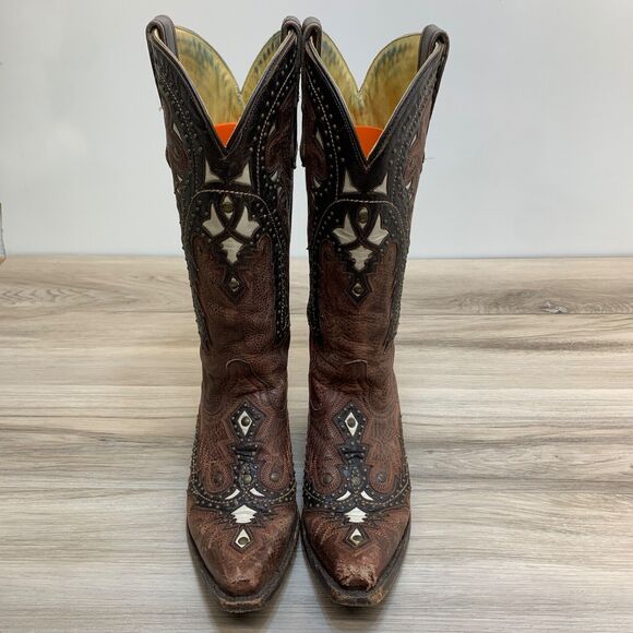 Corral G1042 Womens Studded Inlay 7M Brown Leather Inlay Snip Toe Western Boot - Picture 13 of 16